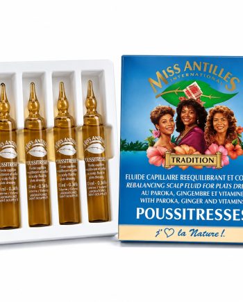 Coffret Miss Antilles Poussitresses Tradition avec 4 ampoules de fluide capillaire au paroka, gingembre et vitamines