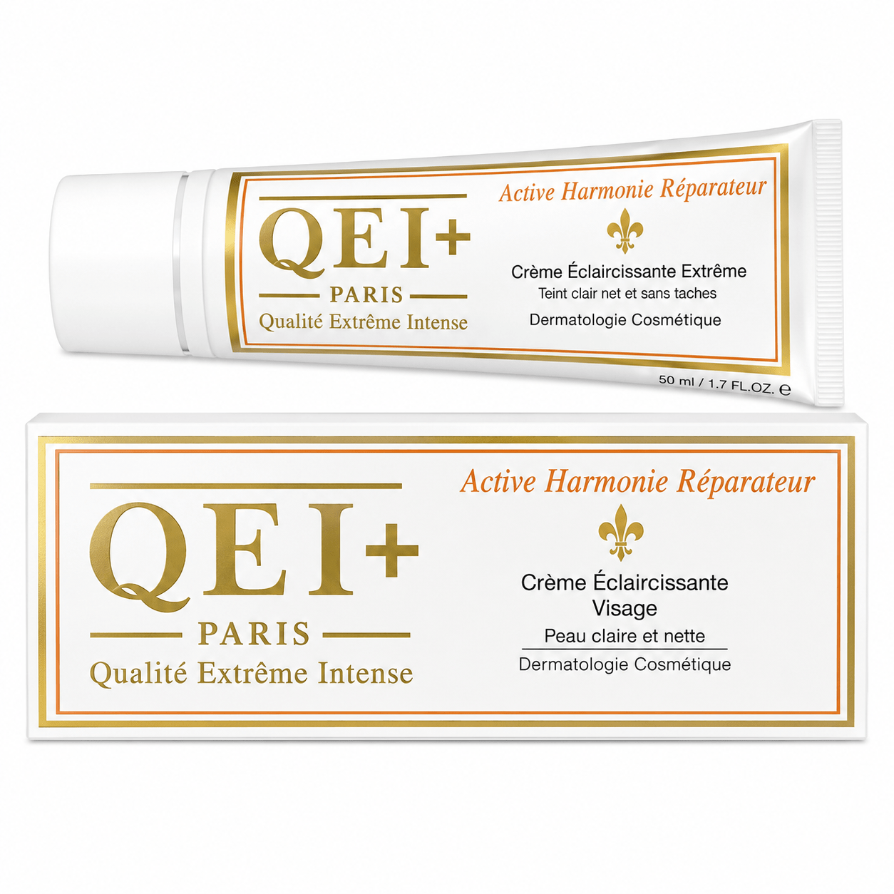 QQEI Active Harmonie Réparateur Crème pour le visage 50 ml avec tube et boîte blancs.