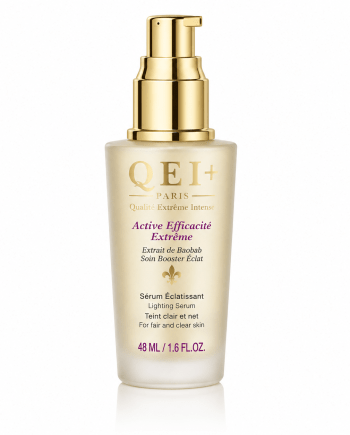 QEI Active Efficacité Extrême Sérum 48 ml à l’extrait de baobab avec flacon-pompe doré.