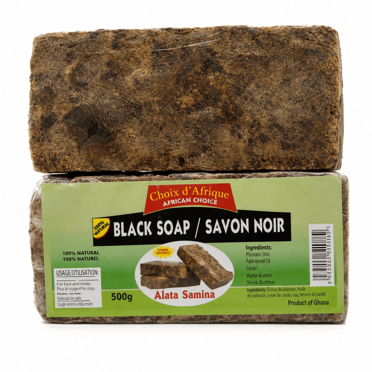 African Choice Savon Noir 100 % Naturel 500 g savon traditionnel pour le visage et le corps