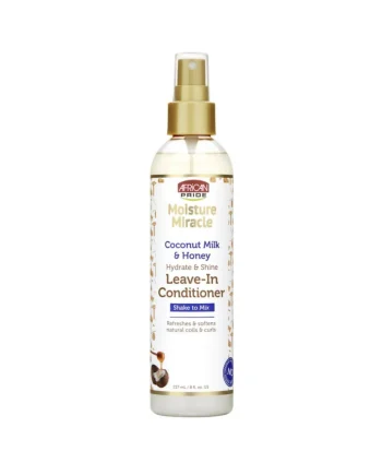 African Pride Moisture Miracle Leave-In Conditioner 8 oz soin sans rinçage hydratant pour cheveux secs et texturés.