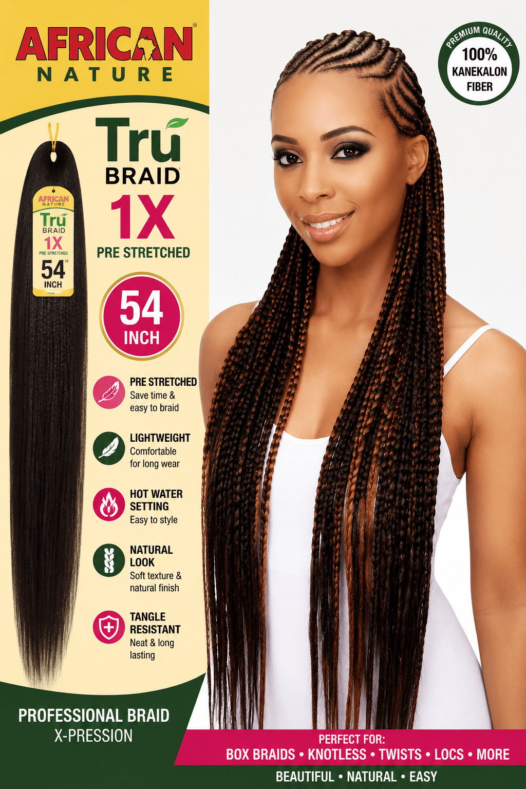African Nature Tru Braid 1X Pre-Stretched 54-inch pre-stretched hair strands for braids