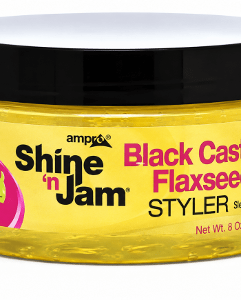 Ampro Shine 'n Jam Black Castor & Flaxseed Oil 8 oz gel coiffant pour tresses et bordures.