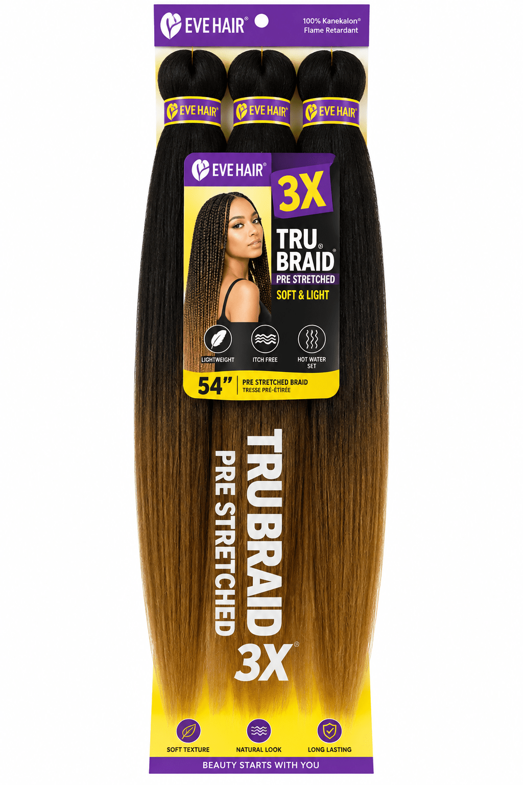 Eve Hair 3X Tru Braid Pre-Stretched 54-inch pre-stretched synthetic fiber for braids.