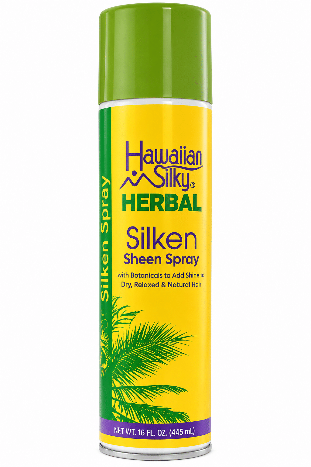 Hawaiian Silky Herbal Silken Sheen Spray 445 ml—a shine-enhancing hair spray for dry hair.