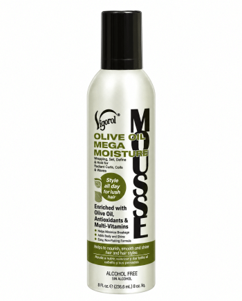 Vigorol Olive Oil Mega Moisture Mousse 12 oz mousse coiffante hydratante à l’huile d’olive.
