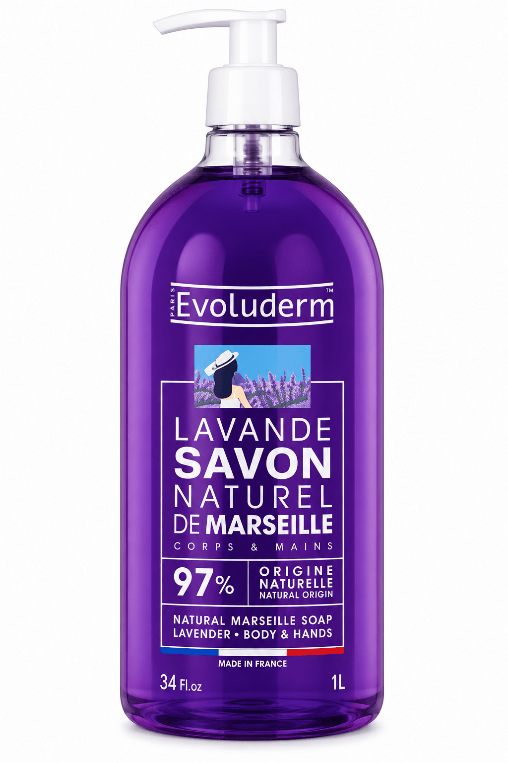 Evoluderm Natural Marseille Lavender Soap, 34 oz liquid hand and body soap.