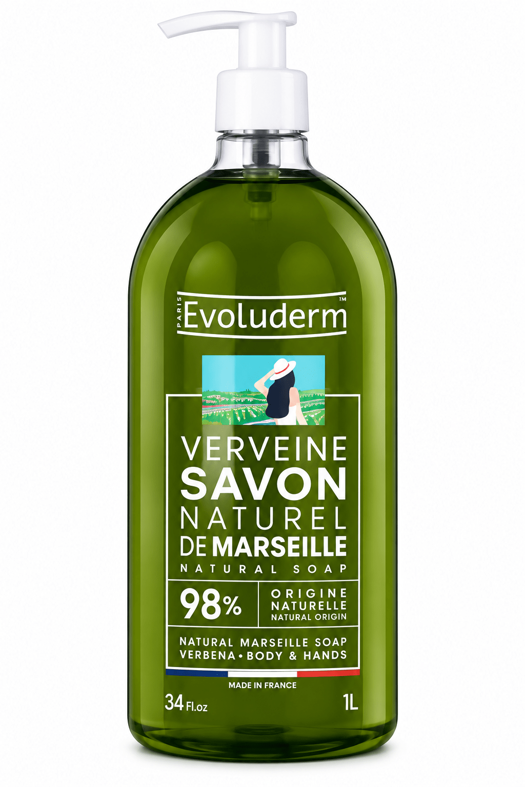Evoluderm Natural Marseille Soap with Verbena, 34 oz liquid hand and body soap.