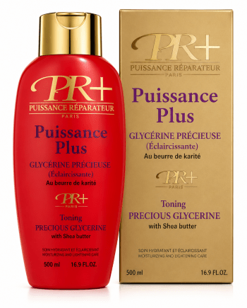 Patricia Reynier PR+ Glycerin Power Plus 500 ml, with a red bottle and gold box.