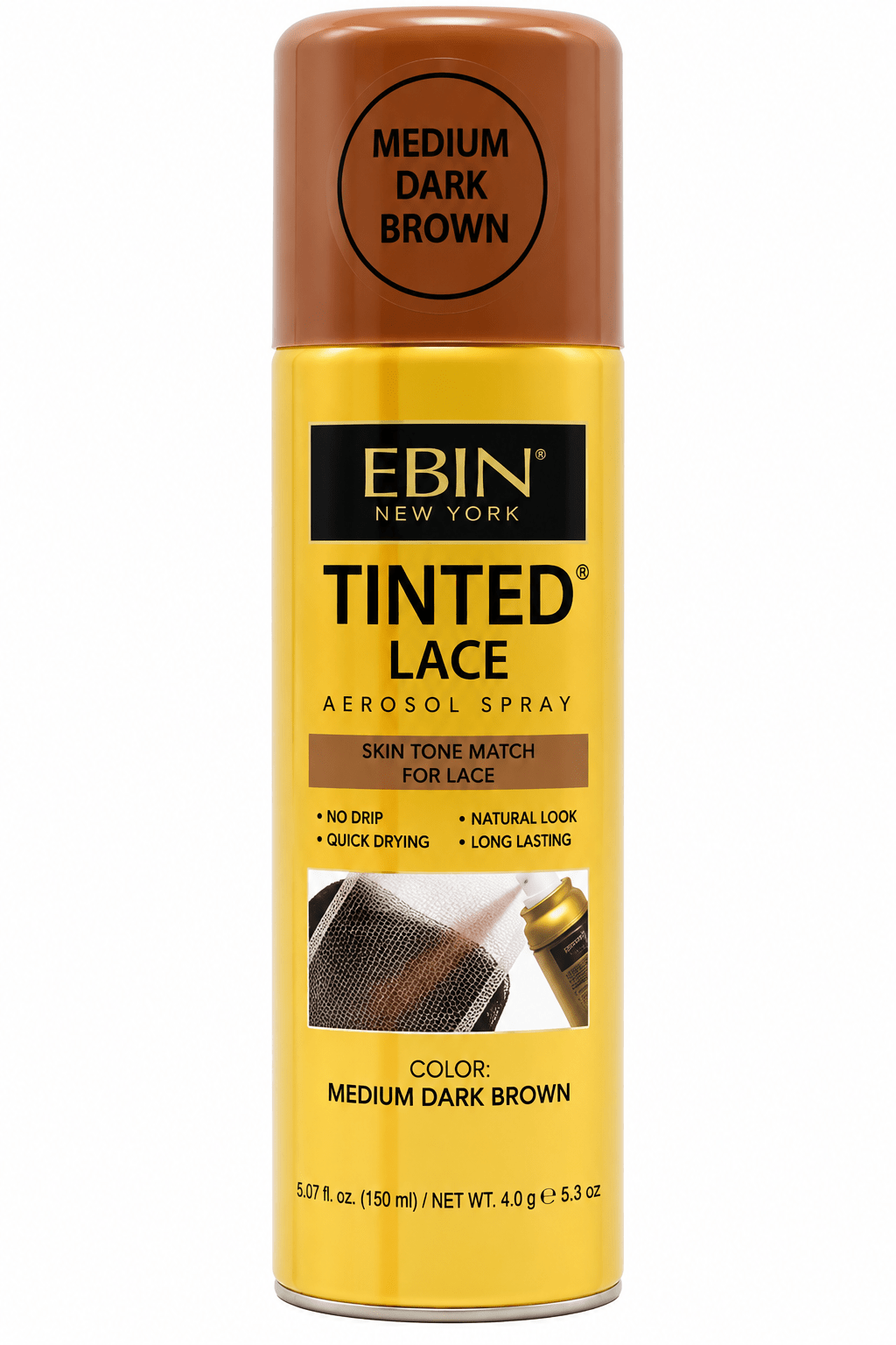 Ebin Tinted Lace Aerosol Spray, Medium Dark Brown, 150 ml—a tinted spray for lace wigs and lace.