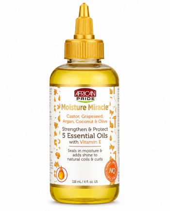 African Pride Moisture Miracle 5 Essential Oils with Vitamin E 4 oz huile capillaire nourrissante pour cheveux texturés