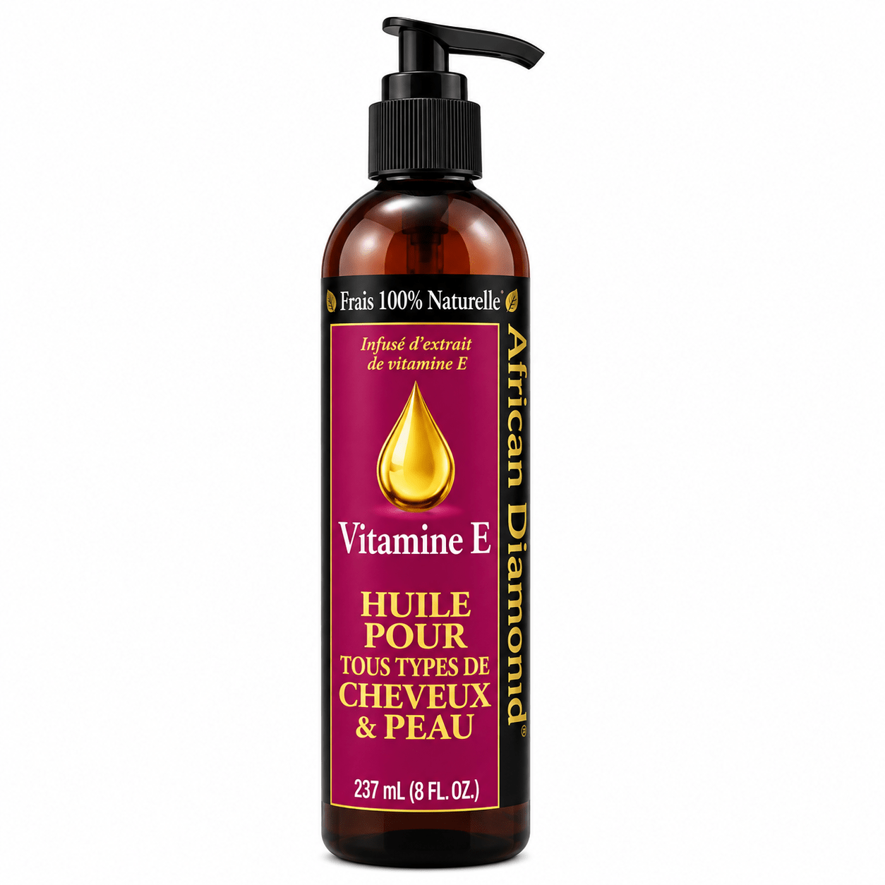 African Diamond huile naturelle infusée à la vitamine E 237 ml pour cheveux et peau.