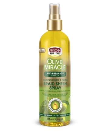African Pride Olive Miracle Braid Sheen Spray 12 oz pour tresses et coiffures protectrices.