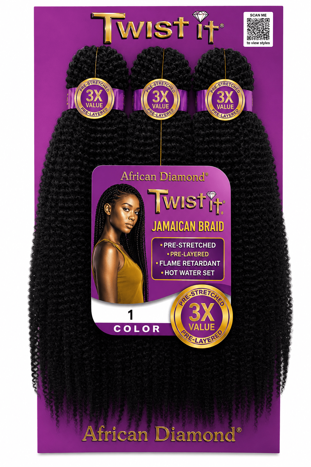 African Diamond 3X Pre-Stretched Twist It Jamaican Braid #1 fibre pré-étirée pour tresses et twists