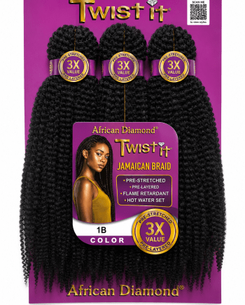 African Diamond 3X Pre-Stretched Twist It Jamaican Braid #1B fibre pré-étirée pour tresses et twists