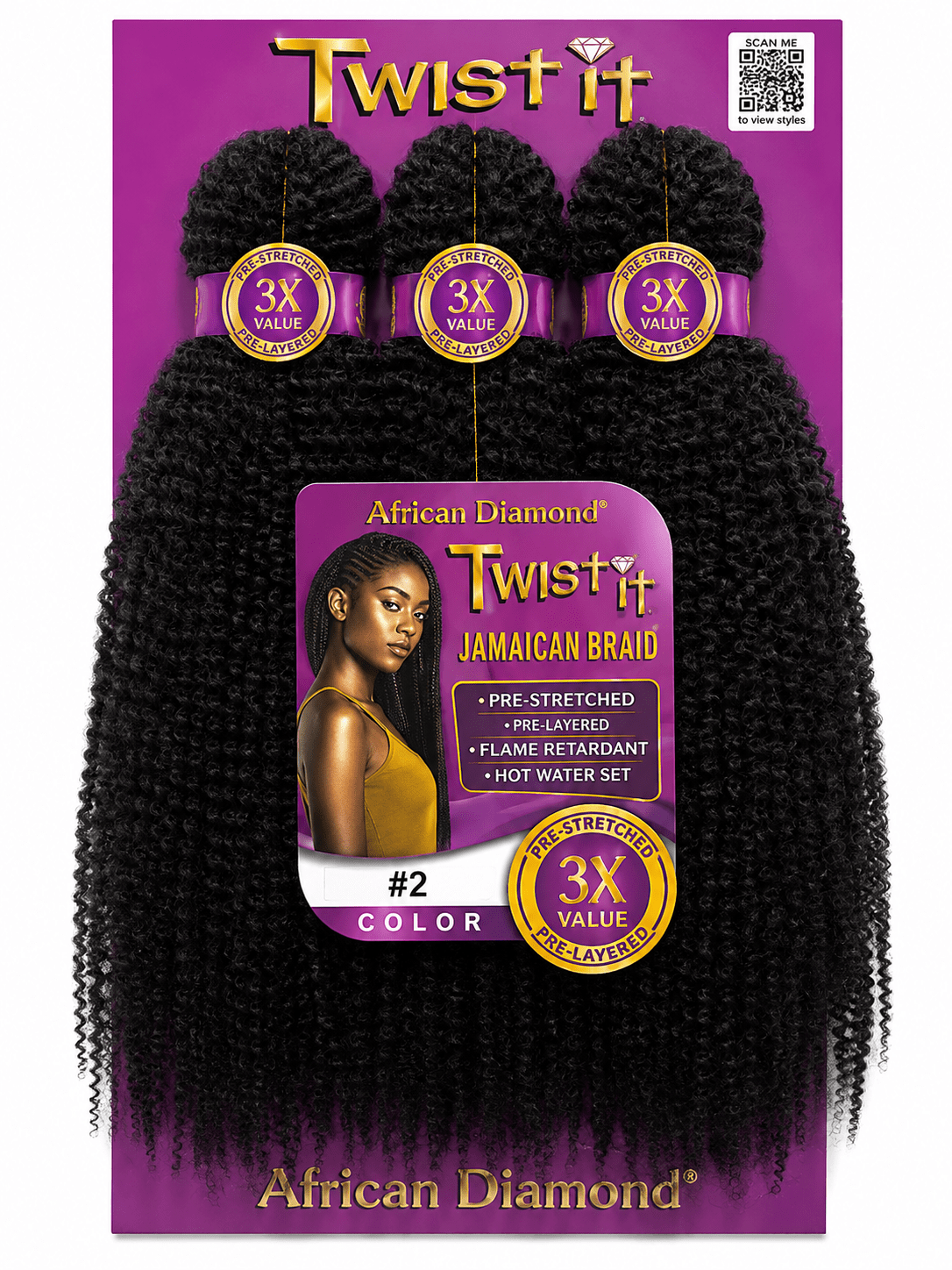 African Diamond 3X Pre-Stretched Twist It Jamaican Braid #2 fibre pré-étirée pour tresses et twists