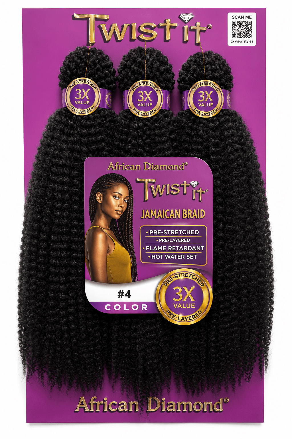 African Diamond 3X Pre-Stretched Twist It Jamaican Braid #4 pre-stretched fiber for braids and twists