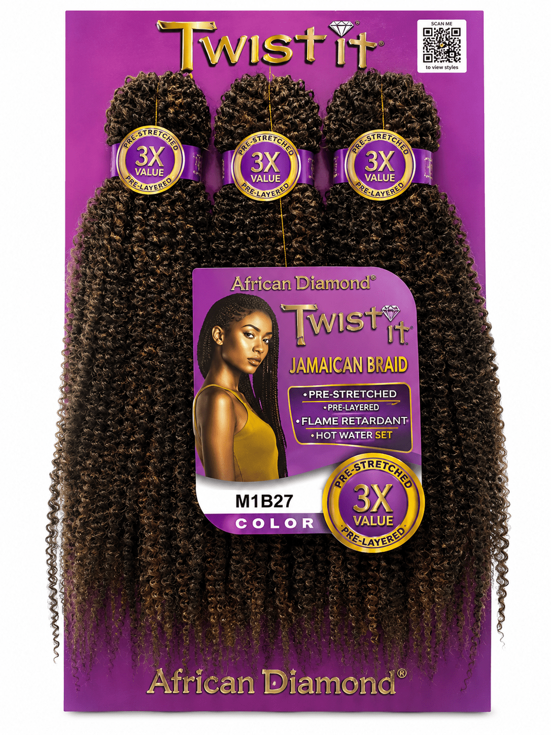 African Diamond 3X Pre-Stretched Twist It Jamaican Braid #M1B27 fibre pré-étirée pour tresses et twists