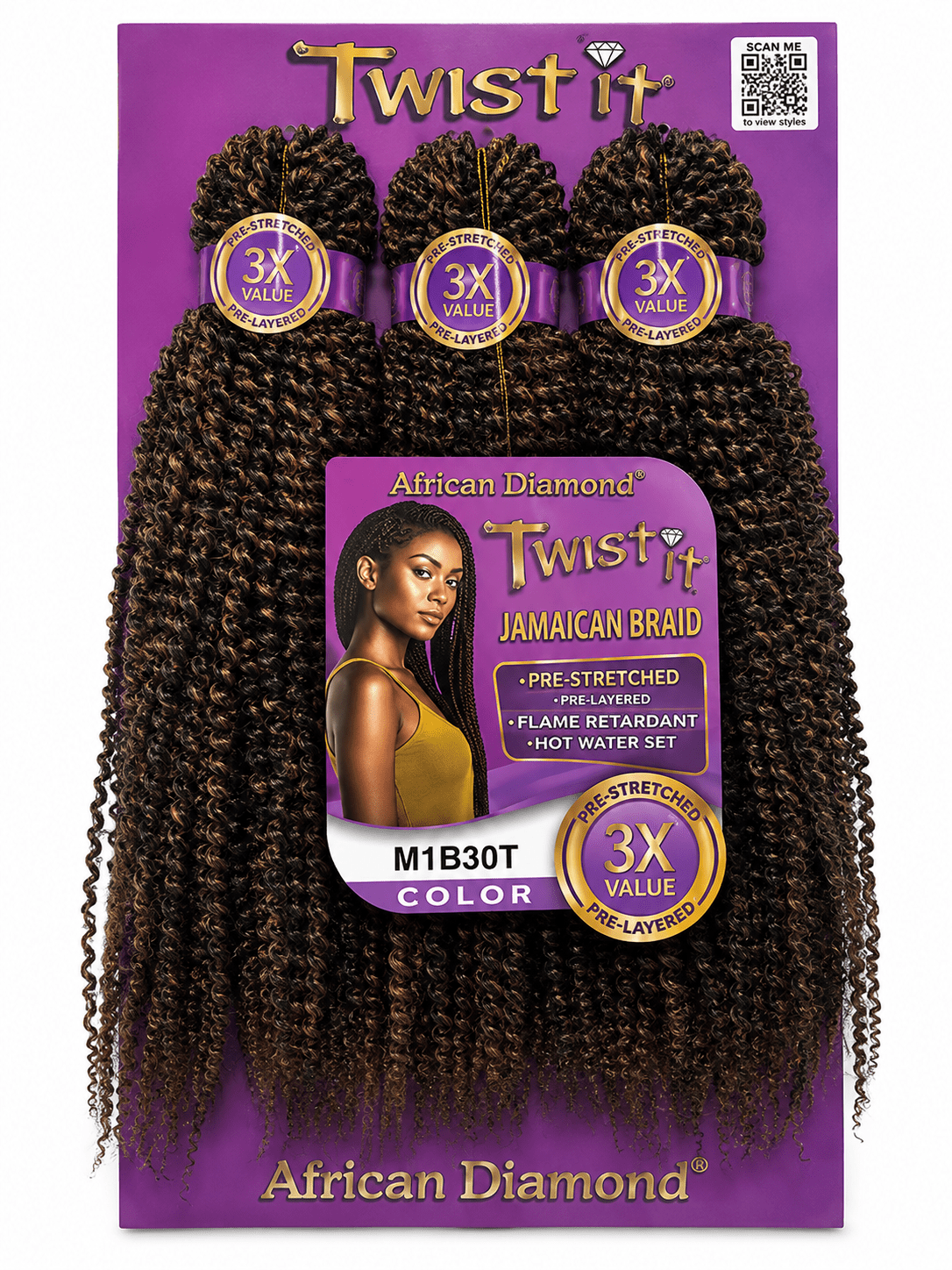 African Diamond 3X Pre-Stretched Twist It Jamaican Braid #M1B30 fibre pré-étirée pour tresses et twists