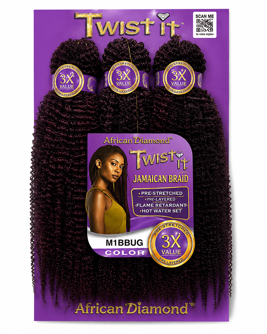 African Diamond 3X Twist It Jamaican Braid #M1BBUG fibre pour tresses et twists
