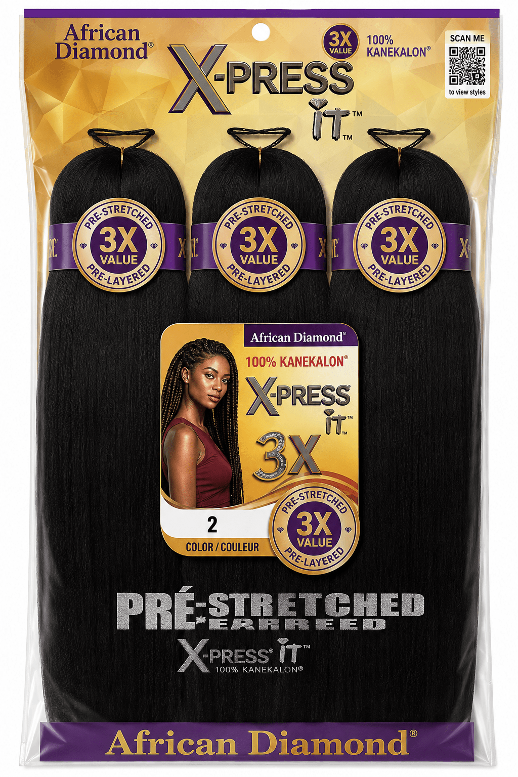 African Diamond 3X X-Press It 100 % Kanekalon 32 in #2 fibre pour tresses longues et coiffures protectrices