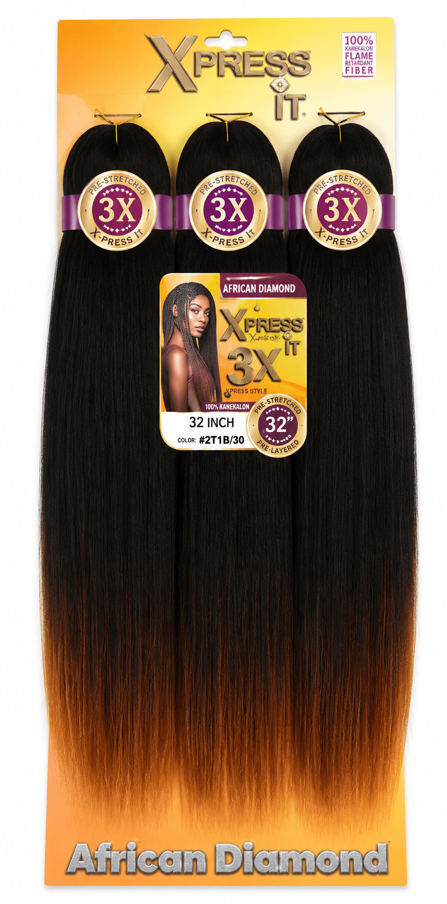 African Diamond 3X X-Press It 100% Kanekalon 32-inch #2T1B/30 synthetic hair for braids