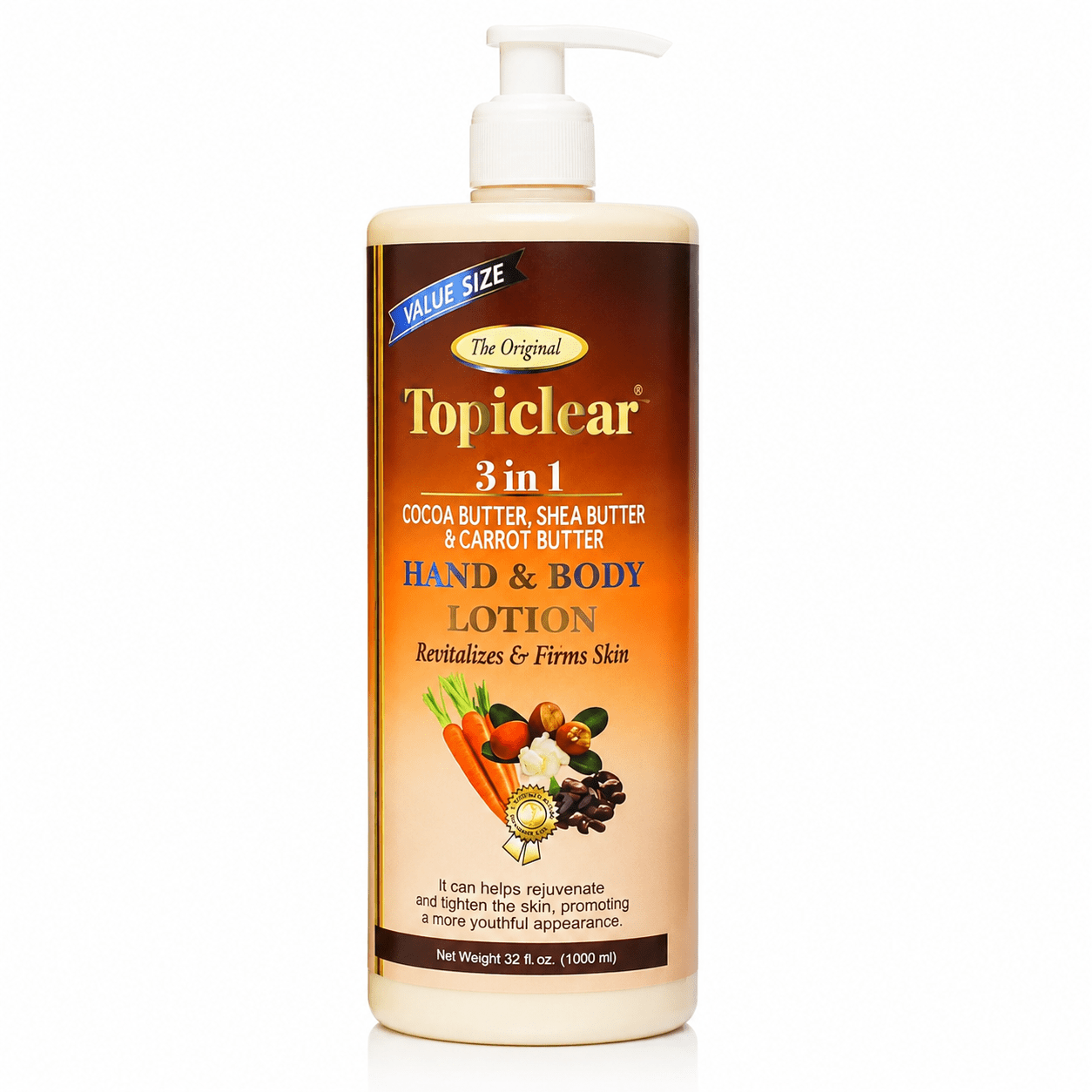 Topiclear Hand and Body Lotion with Cocoa, Shea, and Carrot Butter 3-in-1, 1000 ml