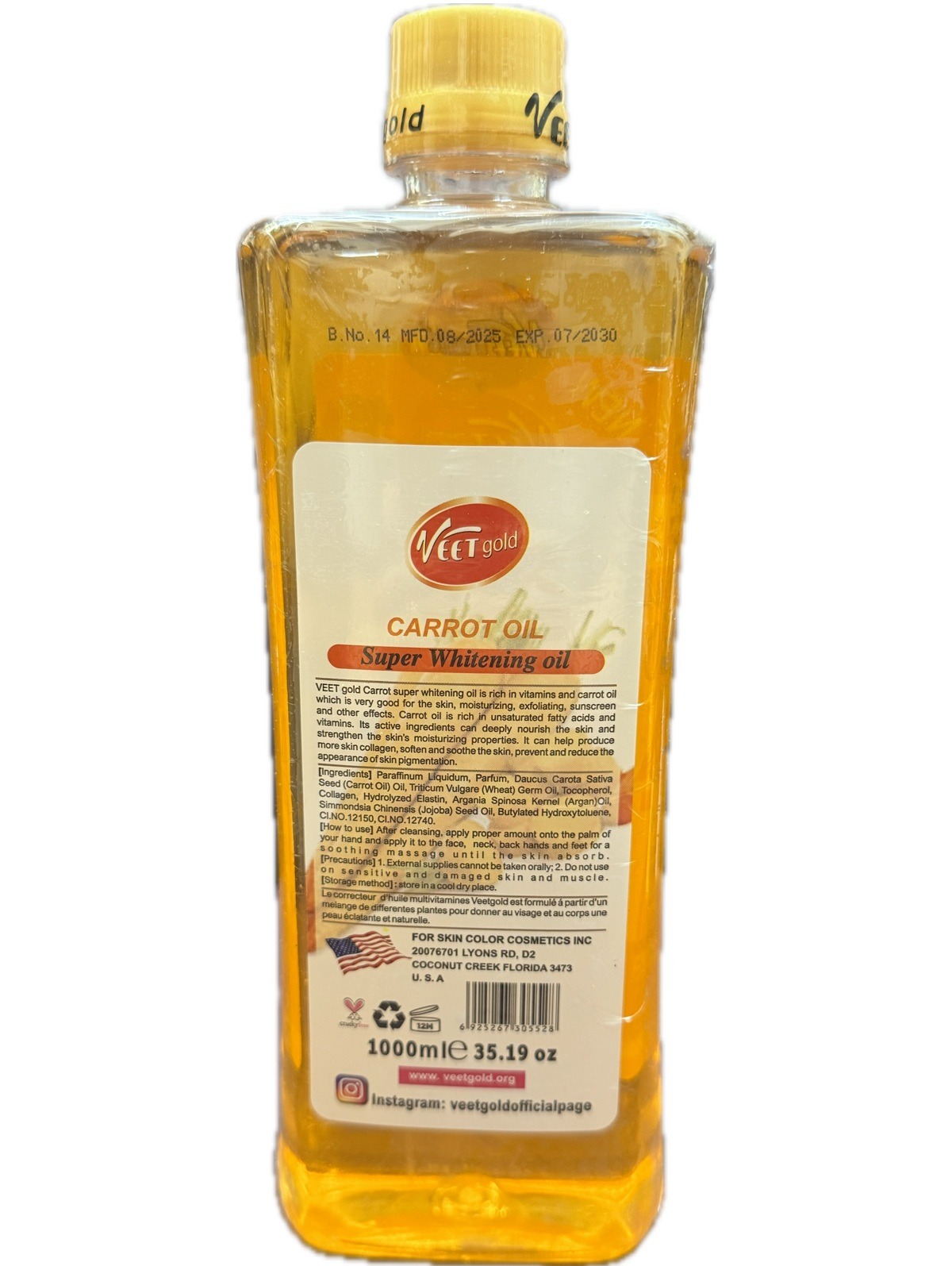 Veet Gold Carrot Super Whitening Body Repair Oil 7 Days, 1000 ml