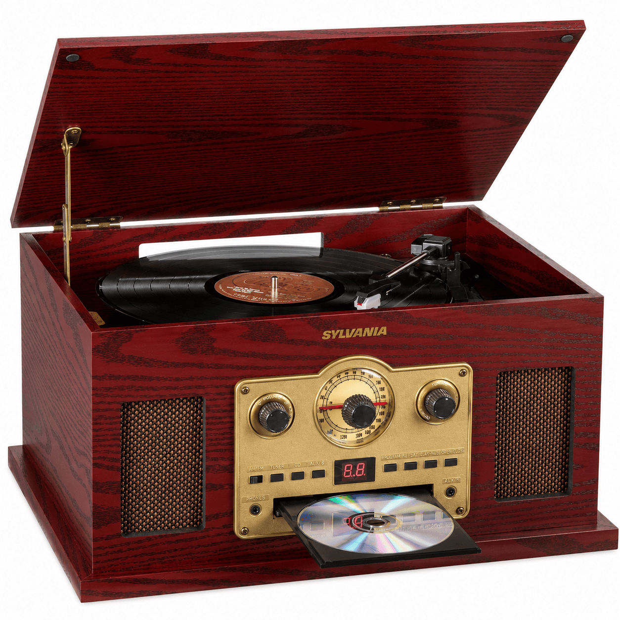 Proscan Nostalgia 6-in-1 (Brown) with 3-speed turntable, CD player, cassette player, and AM/FM radio