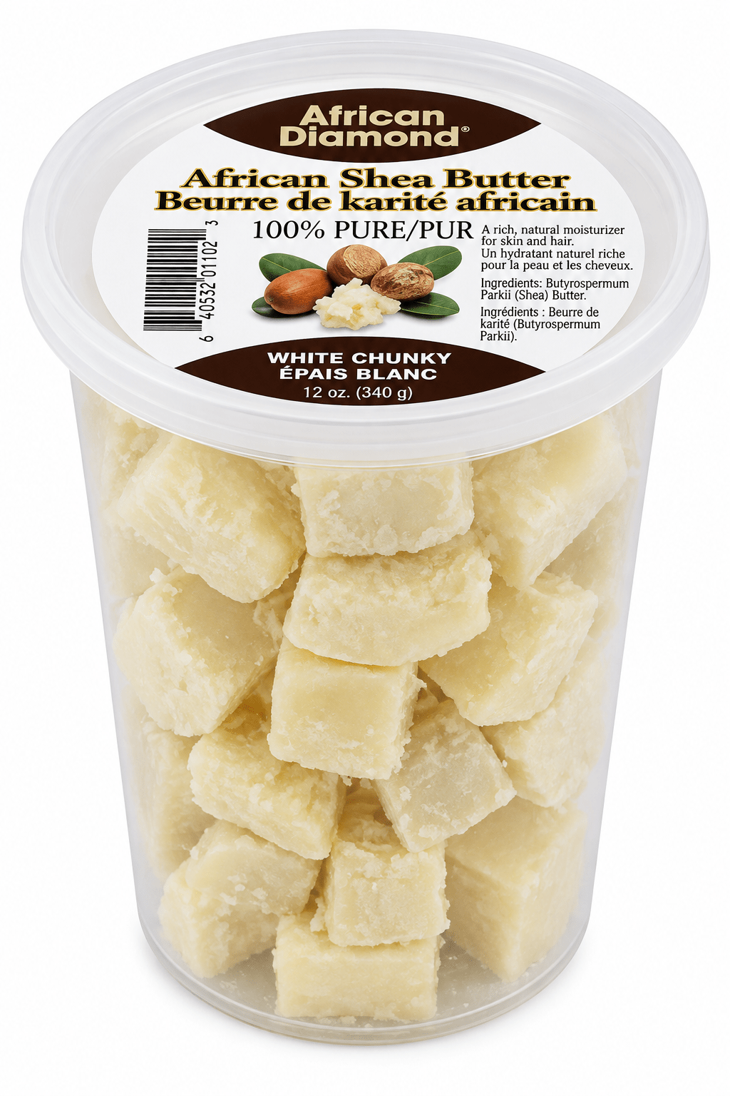 African Diamond African Shea Butter White Chunky 12 oz beurre de karité blanc pour peau et cheveux.
