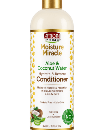 African Pride Moisture Miracle Aloe & Coconut Water Conditioner 12 oz après-shampoing hydratant pour cheveux texturés.