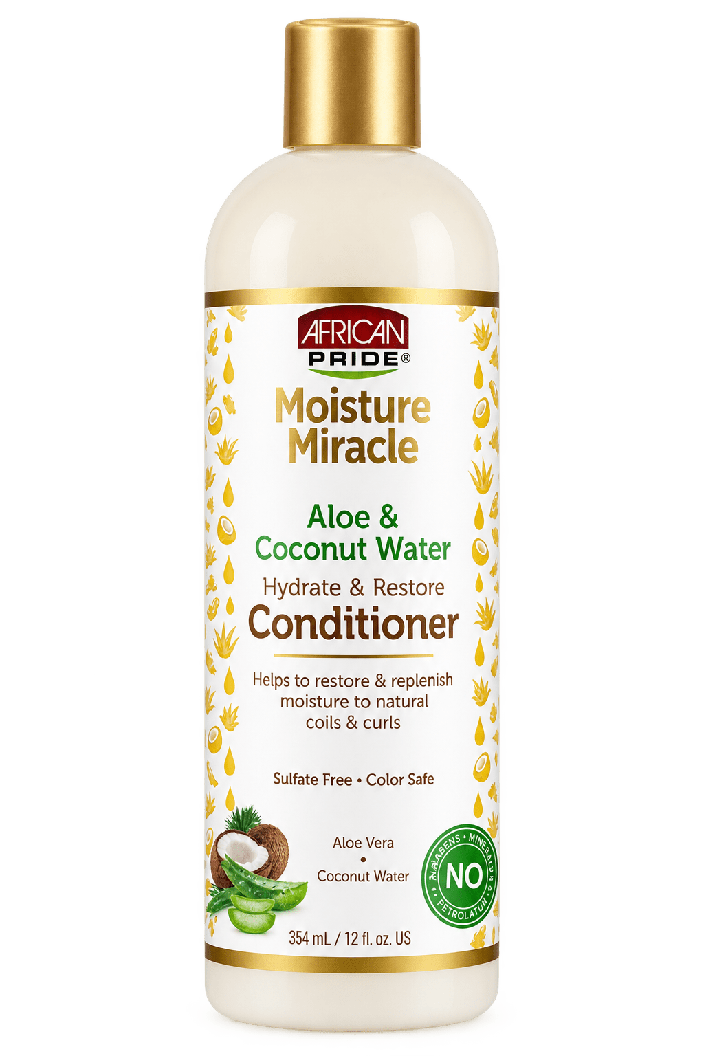 African Pride Moisture Miracle Aloe & Coconut Water Conditioner 12 oz après-shampoing hydratant pour cheveux texturés.