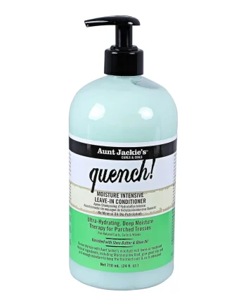 Aunt Jackie’s Quench Moisture Intensive Leave-In Conditioner 24 oz soin sans rinçage hydratant pour cheveux texturés.