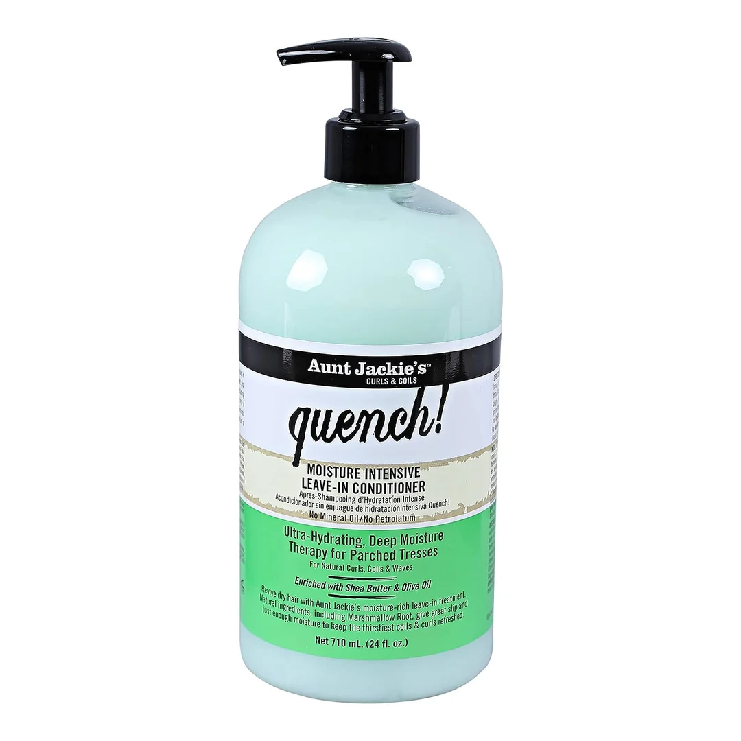 Aunt Jackie’s Quench Moisture Intensive Leave-In Conditioner 24 oz soin sans rinçage hydratant pour cheveux texturés.