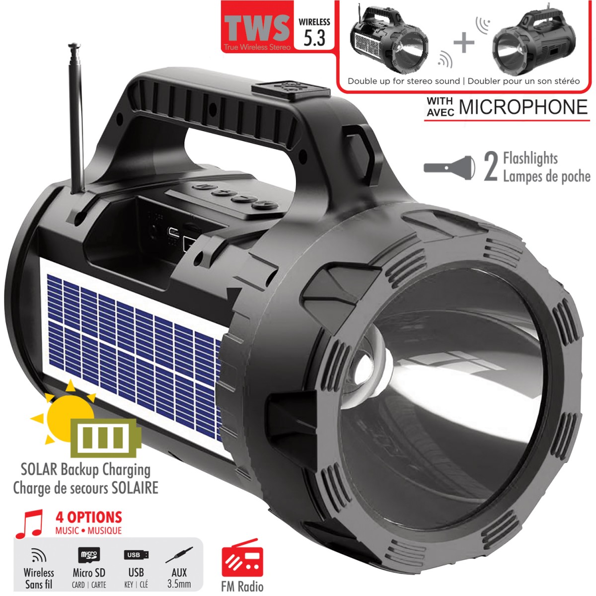 ESCAPE Solar wireless TWS speaker with two torches & FM radio